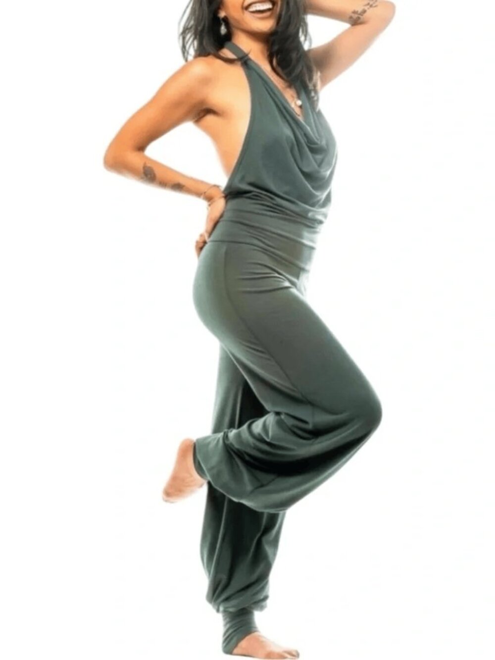 Aria Lattner Green Cuffed Jumpsuit Open Back Halter Gypsy Bamboo OS